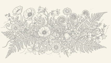 Intricate grayscale illustration of a dense floral border with leaves, petals and stems.