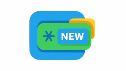 A modern graphic depicts layered cards, a green one with an asterisk, and a blue "NEW" card.