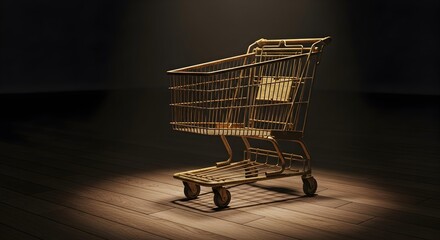 A miniature intricately crafted golden shopping cart stands illuminated on a polished wooden floor against a dark moody background