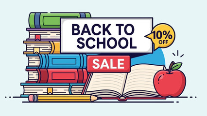 Back to School Sale Banner Featuring Books, Apple, and Supplies for Students and Learning Focus.