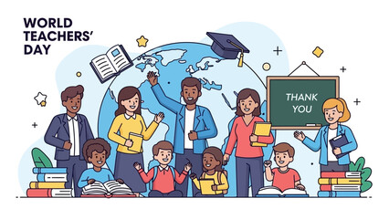 Colorful World Teachers' Day celebration with students and educators expressing gratitude.