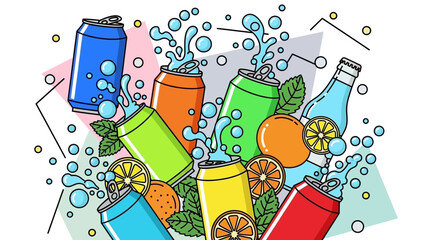 Colorful assortment of beverage cans and bottles with bubbles and citrus fruits.