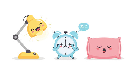 Cute cartoon desk accessories with a yellow lamp, blue clock, and pink pillow in a cozy setup.