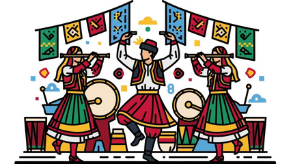 Traditional dance performance with colorful costumes and drums at a festive cultural celebration.