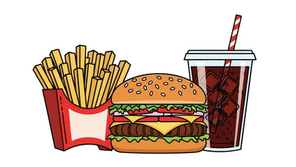 Juicy hamburger with french fries and a cold soda on a tray for a satisfying fast food meal.