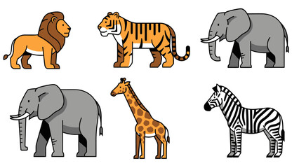 Wildlife parade featuring lions tigers elephants giraffes and zebras in a colorful illustration.