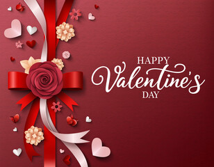 Red Valentine's Day background with hearts, ribbons, bows, flowers and Happy Valentine's Day wishes

