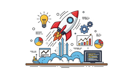 Vibrant startup launch concept featuring rocket splash, charts, and tech devices.