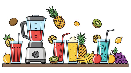 Colorful assortment of fruit smoothies and fresh juices in a kitchen blender.