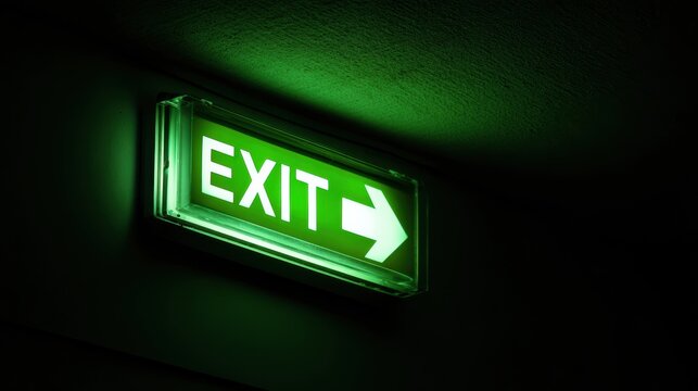 Exit way arrow direction guidance sign green color light emergency exit sign in a dark room.