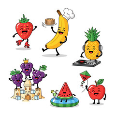 Fototapeta premium Cute Kawaii Fruits Characters Set: Skating Strawberry, Chef Banana, DJ Pineapple, Beach Grapes, Pool Watermelon, Kite Apple