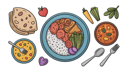 A Colorful Culinary Canvas: An overhead view showcases a vibrant array of culinary delights, artfully arranged on a table. The composition exudes a sense of abundance and gastronomic pleasure.