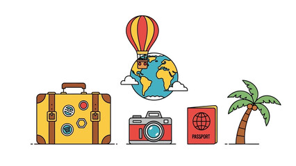 Vibrant travel themed still life featuring suitcase, camera, globe, passport, map, island elements and tropical accents in a sunny scene.