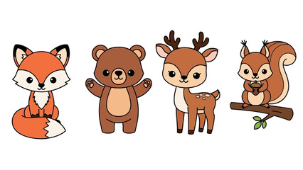 Whimsical quartet of forest animals: fox, bear, deer, and squirrel in a playful cartoon illustration.