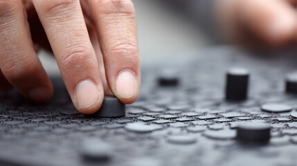 Maintenance worker services a tactile control board meticulously removing debris and testing button feedback to enhance device functionality.