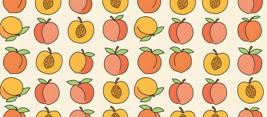 Colorful pattern featuring various peach designs on a light background suitable for fabric or wallpaper