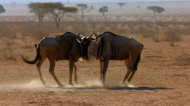 Two wildebeest locked in a tense battle, amidst the vast African savannah Stock Video
