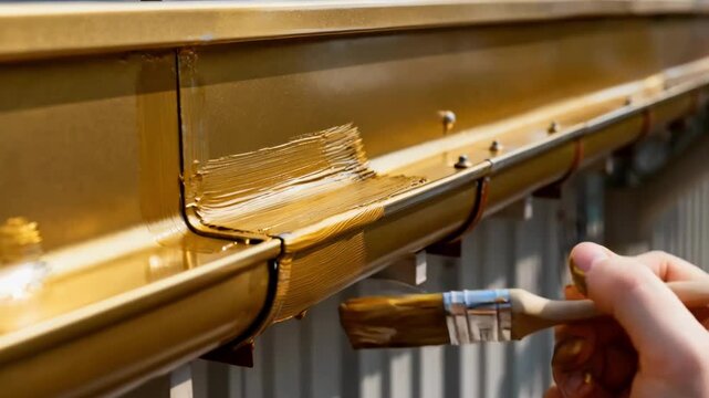 Close medium shot of rejuvenating aluminum gutters showcasing brush strokes and detailed surface preparation for a flawless protective coating.
