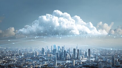 Generative AI image of cloud computing and digital data transfer with computing networked across cities country and globe with virtualization approach.