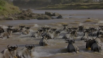 A massive herd of wildebeest migrating across a river, captured in a moment of struggle and determination. The water swirls around them as they navigate their perilous journey Stock Video