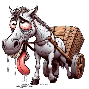 Funny cartoon white horse character exhausted and sweating while pulling a heavy wooden cart, isolated on white background.