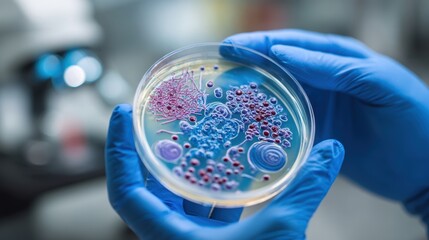 Gloved hands holding a petri dish with bacterial cultures in a laboratory setting.