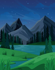 Night mountain landscape with river and pine forest