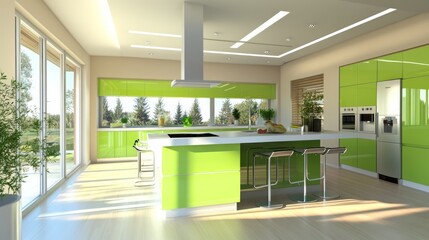 Modern lime-green kitchen with island