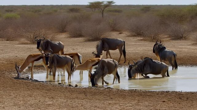 A diverse group of animals quenching their thirst at a watering hole in the arid savanna. The scene showcases a variety of species coexisting in their natural habitat. Stock Video