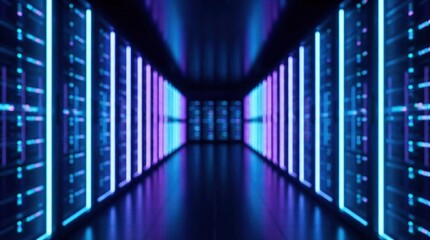 Abstract data server room with rows of illuminated server racks, neon blue and purple lights, high-tech environment