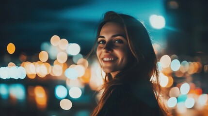 Captivating smile of a woman illuminated by bokeh lights at night