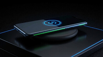 Modern smartphone on wireless charging station, minimalistic black background, glowing charge indicator