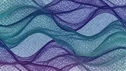 An abstract background features intricate wavy mesh lines in a blue and purple gradient pattern.