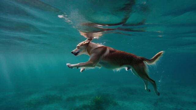 A dog swimming gracefully through clear, turquoise water, captured from a unique underwater perspective Stock Video