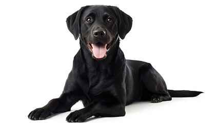 Black labrador retriever dog posed calmly on white background studio portrait