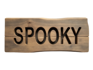 A wooden sign featuring the word 'spooky' carved into it, great for Halloween decorations or horror movie themes