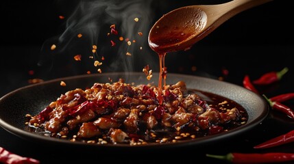 Spicy Kung Pao Chicken with Chili Peppers and Sauce Drizzled
