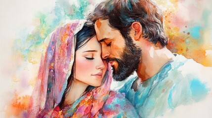Watercolor couple, loving embrace, sacred art, spiritual harmony