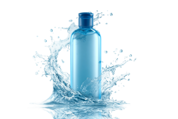 Hair product shampoo bottle with splash isolated on transparent background
