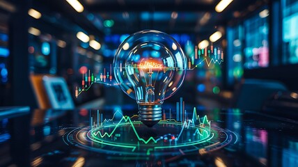 Light bulb with digital chart inside modern data center
