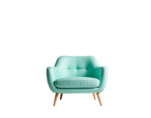 Fototapeta premium Turquoise upholstered lounge armchair with wooden tapered legs and cozy cushions