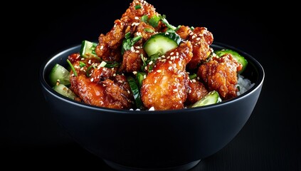 Delectable Korean Fried Chicken Bowl with Fresh Cucumbers, a Culinary Delight