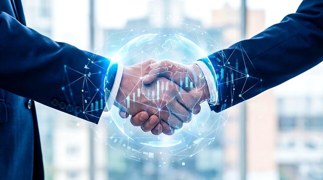 Business handshake with digital network symbolizing partnership
