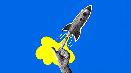 Hand launching rocket toy representing startup business growth
