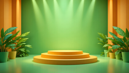 Modern green stage with yellow podium and potted plants