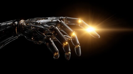 A futuristic robotic hand with illuminated fingertip reaches out, symbolizing technology, innovation, and artificial intelligence.