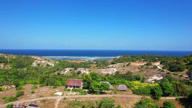 Aerial drone footage of a typical coastal side of Sabu island, Indonesia, with dry herbs flat valley, with green and yellow bush local trees, and the blue coral reef in the background