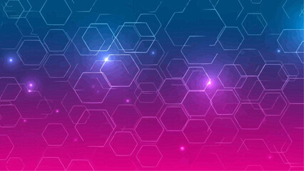 Glowing hexagonal grid patterns extend across a vibrant blue and purple gradient background with sparkling light effects.