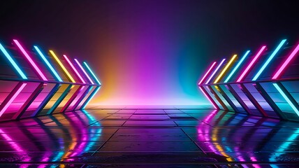 Futuristic neon tunnel with colorful glowing light arrows
