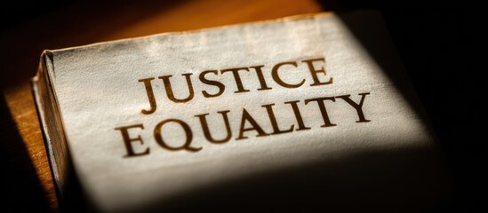 Justice and equality words on old book close up symbol for society rights